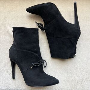 Giorgio Armani Black Suede Stiletto Heel Boots Women EU 38 US 7.5 Tie Pointy Toe
